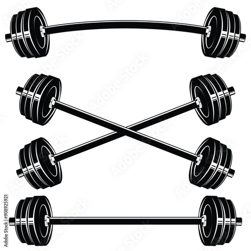 Set of curved barbell or dumbbells bar vector illustration. Dumbbell for gym icon. Gym equipment. 