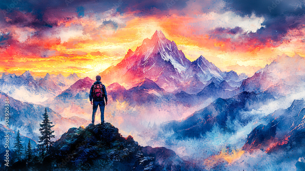 Triumph of a Businessman - Stunning Watercolor Illustration of Reaching the Summit with Determination and Success Triumph of a Businessman - Stunning Watercolor Illustration of Reaching the Summit with Determination and Success