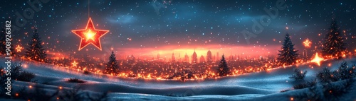 A tranquil winter landscape with glowing stars, gentle snowflakes, and a serene atmosphere at dusk, perfect for holiday themes.