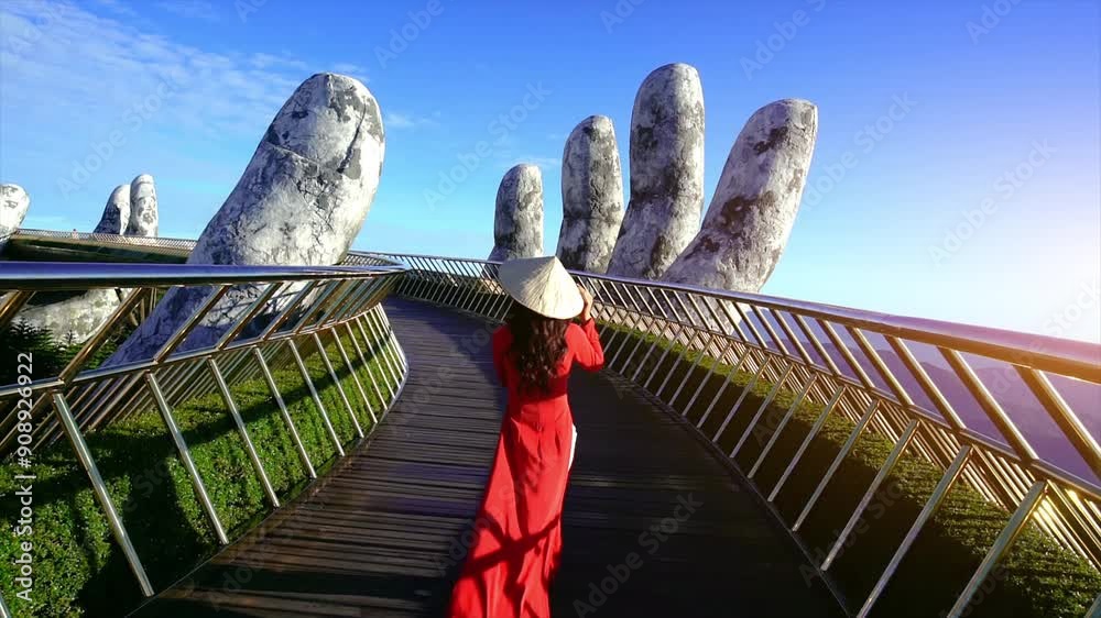 Tourist walking at Golden bridge in Bana hills, Da nang, Vietnam.
