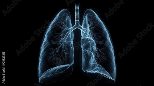 X-ray image of human lungs showcasing respiratory system anatomy in detailed blue monochromatic on black background.