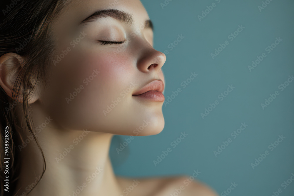 A close up of a girl's face with her eyes closed