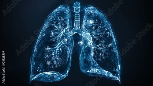 Digitized illustration of detailed human lungs with respiratory system structure and bronchial tree displayed, glowing in blue on a dark background.