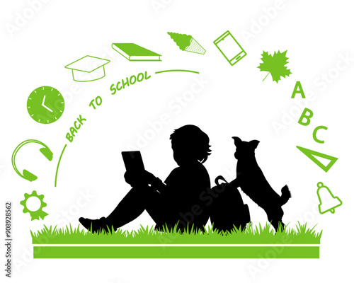 Back to school. Children and dog silhouettes with school icons on white background. Vector illustration.	
