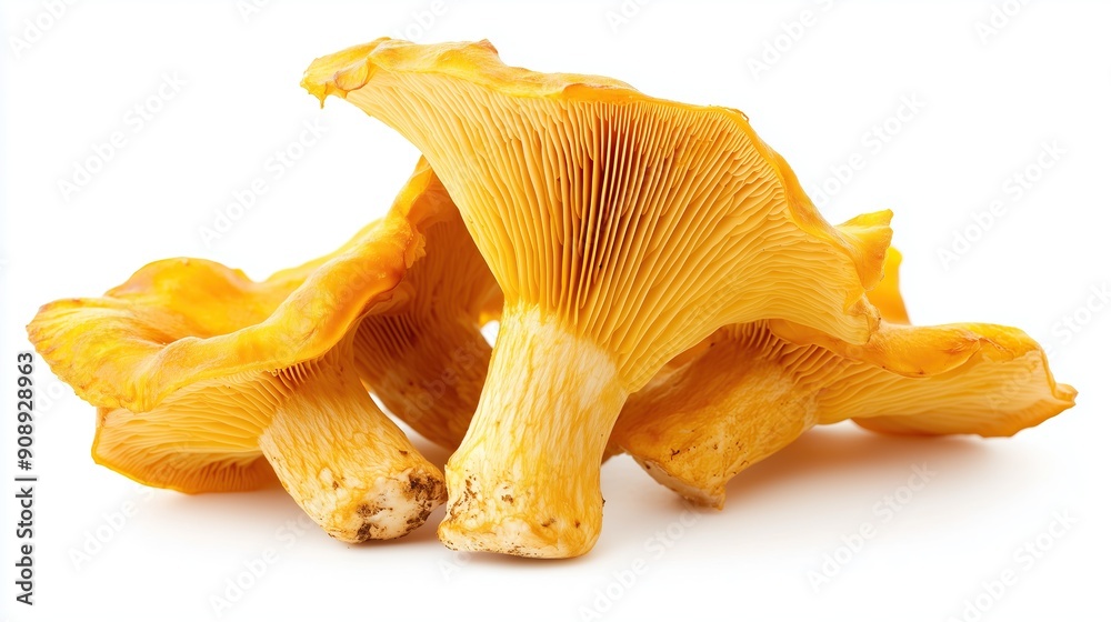 A bunch of chanterelle mushrooms, on a white background