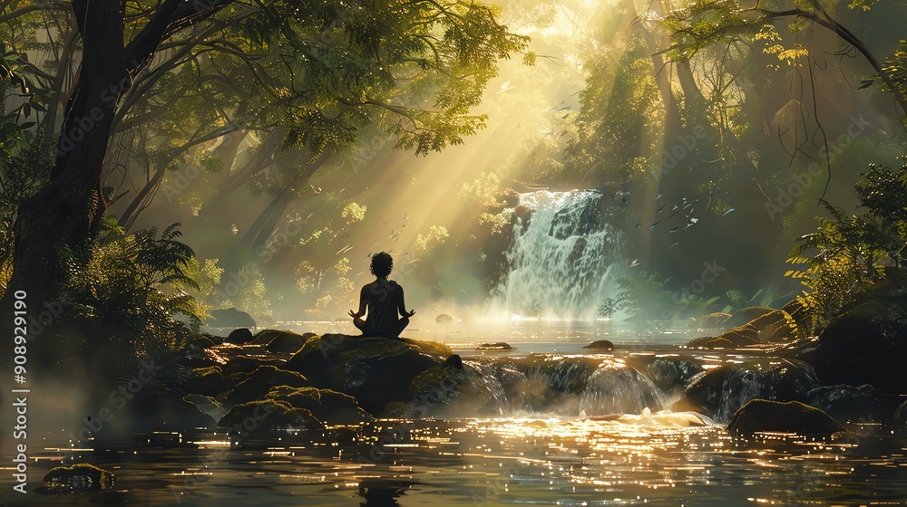 Person meditating by a serene waterfall in a lush forest, illuminated by golden sunlight filtering through the trees. Person meditating by a serene waterfall in a lush forest, illuminated by golden sunlight filtering through the trees.