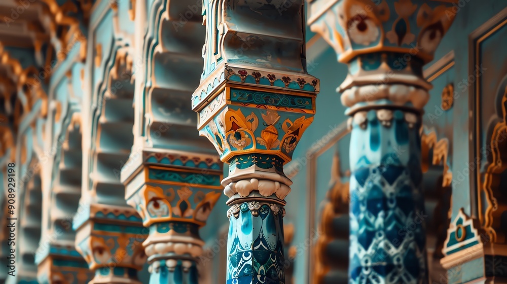 Fototapeta premium Ornate columns featuring intricate designs and vibrant colors, capturing the beauty of classical architecture indoors in a grand setting.