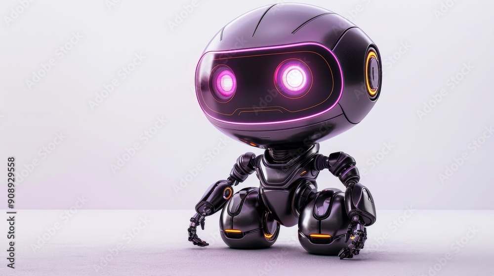 cute purple robot with big LED eyes on white background cute purple robot with big LED eyes on white background