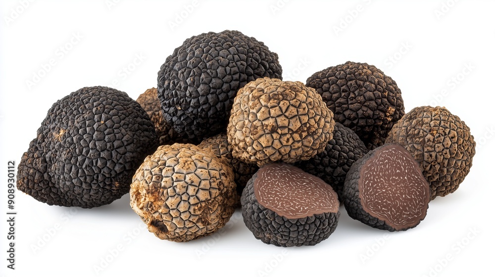 pile of black truffles, mushrooms on a white background pile of black truffles, mushrooms on a white background