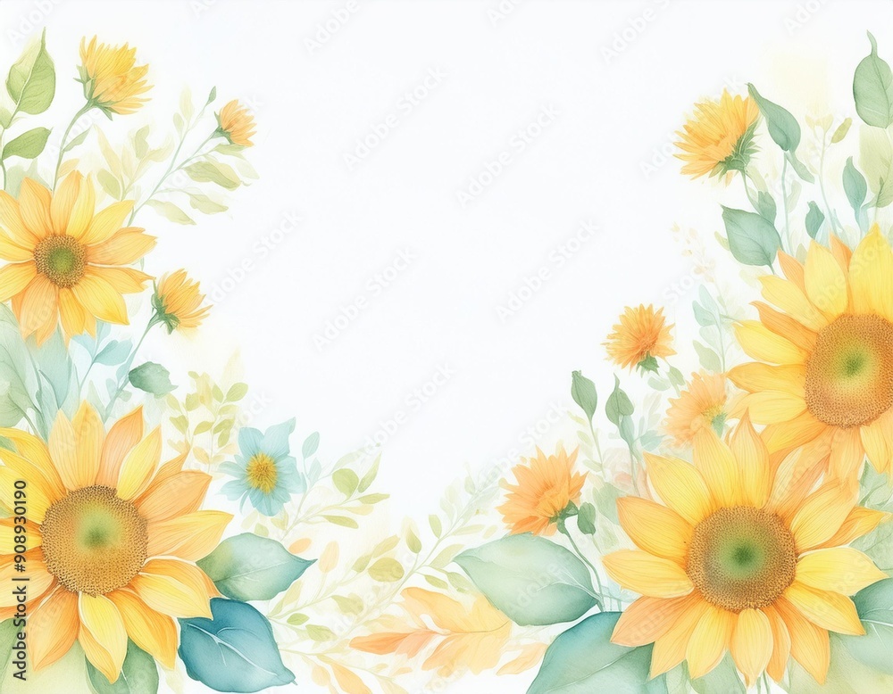 Obraz premium 水彩ひまわりのフレーム