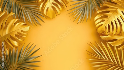A vibrant background featuring golden tropical leaves against a bright yellow surface, perfect for summer-themed designs.