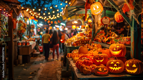 Vibrant Halloween market stall with a variety of jack-o'-lanterns and spooky decorations. Colorful lights illuminate the scene, creating a lively atmosphere.