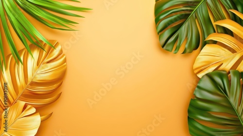 Vibrant tropical leaves frame a warm orange background, perfect for summer designs, invitations, and nature-themed projects.