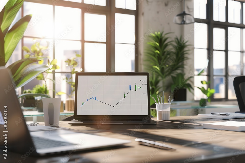 A sleek office features large windows with natural light illuminating a workspace, showing a laptop displaying data analysis and greenery around. Generative AI A sleek office features large windows with natural light illuminating a workspace, showing a laptop displaying data analysis and greenery around. Generative AI
