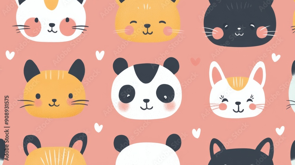 Cartoon Animal Faces with White Hearts on Pink Background Cartoon Animal Faces with White Hearts on Pink Background