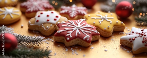 Colorful snowflake-shaped cookies decorated for the festive season, surrounded by festive ornaments and pine branches.
