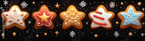 Colorful star-shaped cookies adorned with festive decorations, perfect for holiday celebrations and seasonal treats.