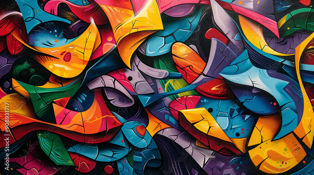 Fototapeta premium intricate street art mural, bold and vibrant graffiti design with abstract shapes and vivid colors, dynamic urban expression on brick wall, colorful and detailed artwork