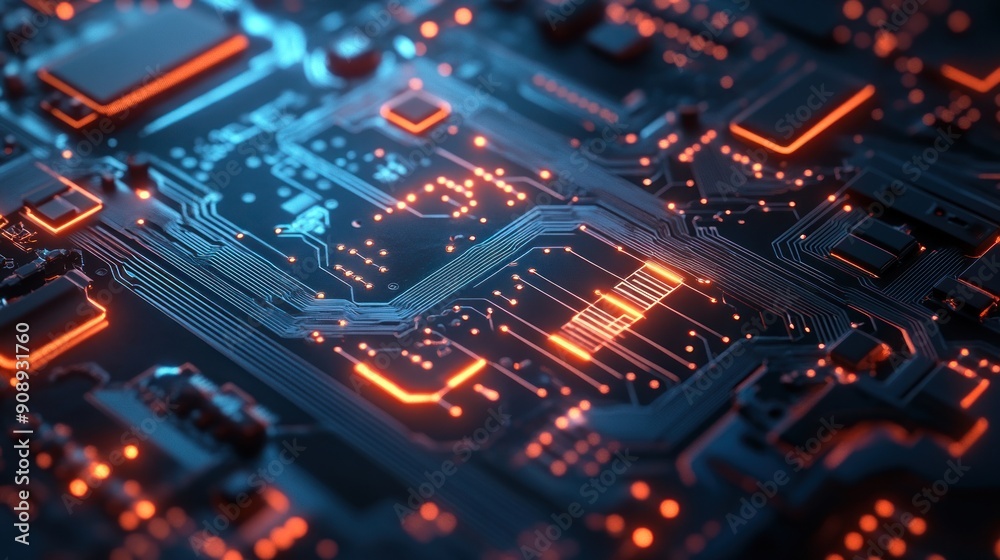 Close-up of a Circuit Board with Glowing Orange Lines Close-up of a Circuit Board with Glowing Orange Lines