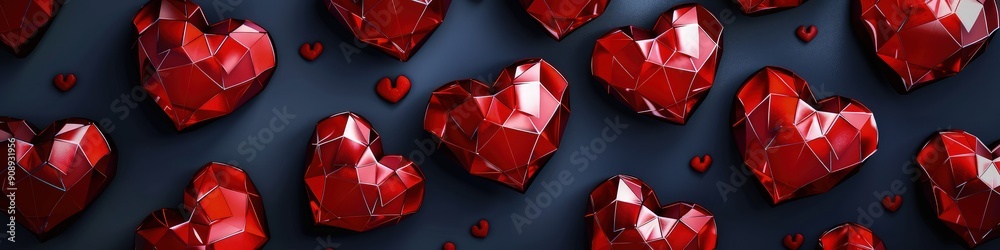 A sophisticated Valentine's Day banner with a geometric pattern of red hearts, each with a glossy finish, set against a dark background for dramatic effect A sophisticated Valentine's Day banner with a geometric pattern of red hearts, each with a glossy finish, set against a dark background for dramatic effect