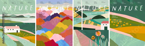 Nature and landscape. Vector abstract illustration of trees, countryside, mountains, flowers, plants, house, fields, farm, pattern, windmill and villages. Picture for background, card or cover photo