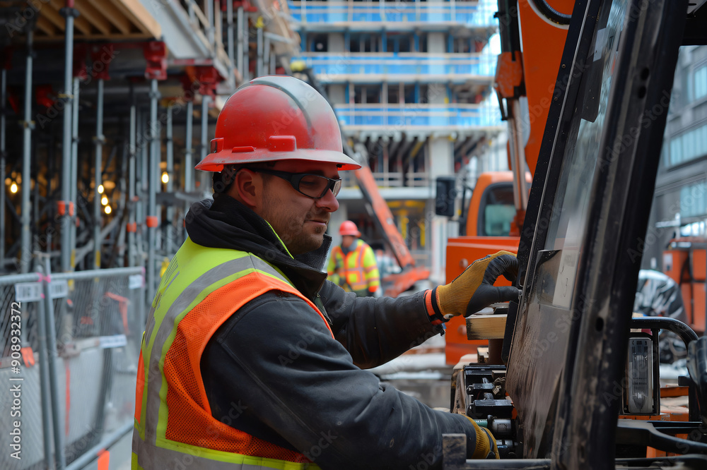 Construction worker wearing a hard hat and safety vest is operating machinery on a busy construction site Construction worker wearing a hard hat and safety vest is operating machinery on a busy construction site