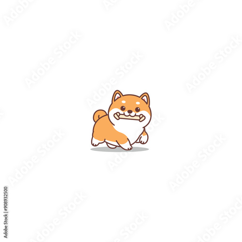 Cute shiba inu dog holding toy in mouth and walking cartoon, vector illustration