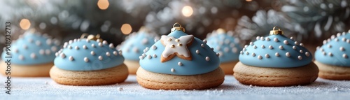 Delicious blue frosted cookies with festive decorations, perfect for holiday celebrations and sweet treats.
