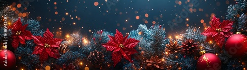 Festive Christmas decorations with vibrant poinsettias, shimmering ornaments, and twinkling lights against a dark backdrop. photo