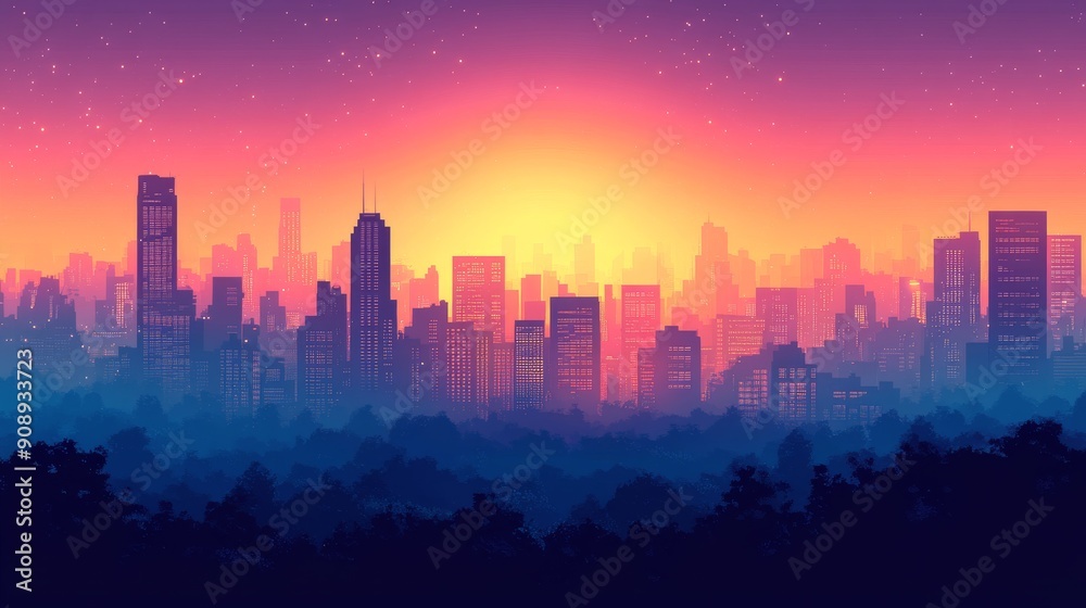 City Skyline at Sunset with Stars and Trees in Foreground City Skyline at Sunset with Stars and Trees in Foreground