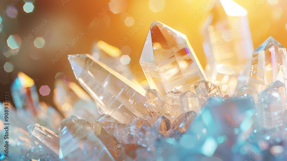Shimmering quartz crystals capture sunlight, creating a dazzling display of sparkling clarity and vibrant hues in a serene environment Shimmering quartz crystals capture sunlight, creating a dazzling display of sparkling clarity and vibrant hues in a serene environment