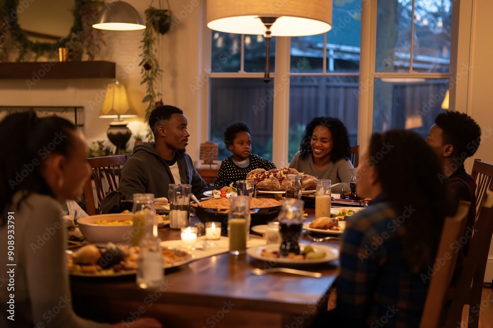 Smiling family is sitting around a table, enjoying a delicious meal together in their home