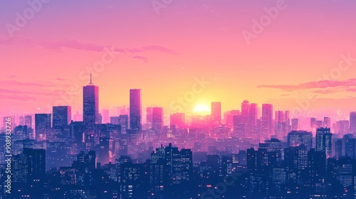 Cityscape with a Sunset Over the Skyline