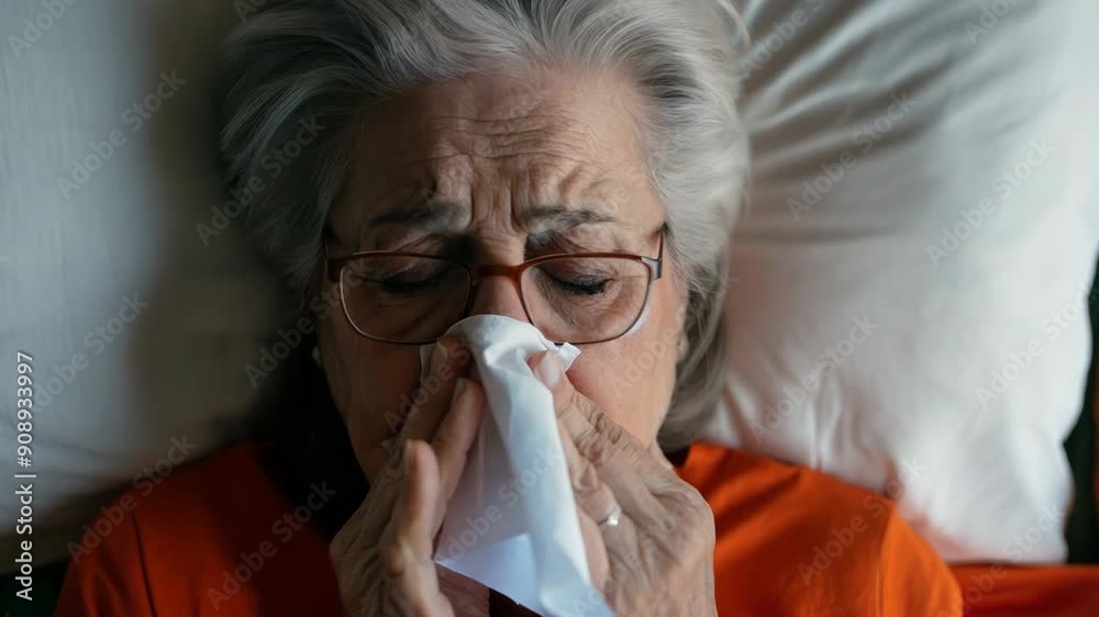 Senior Woman Lying in Bed Blowing Her Nose Due to Cold or Allergy