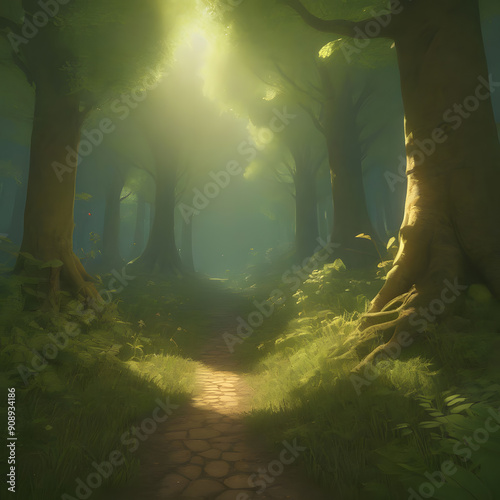 Gloomy green fable forest, ai-generatet photo