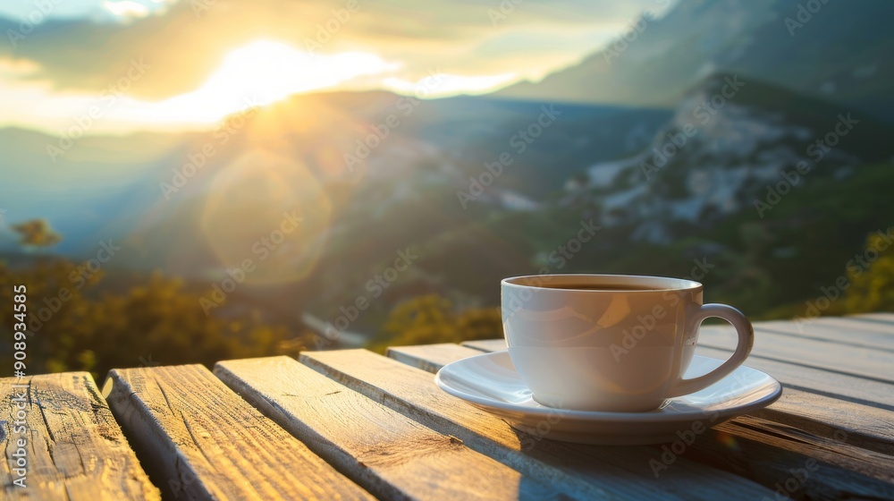 Cup of Coffee on Wooden Table with Mountain Sunset Background Cup of Coffee on Wooden Table with Mountain Sunset Background
