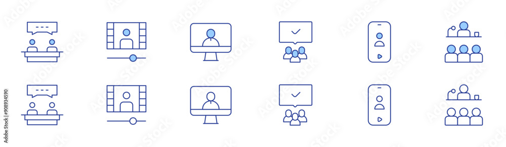Meeting icon set in two styles, Duotone and Thin Line style. Editable stroke. audiences, video call, video tutorial, interview, conference, talk Meeting icon set in two styles, Duotone and Thin Line style. Editable stroke. audiences, video call, video tutorial, interview, conference, talk