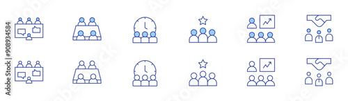 Meeting icon set in two styles, Duotone and Thin Line style. Editable stroke. brief, interview, team, schedule, intermediary, meeting