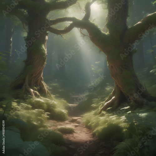 Gloomy green fable forest, ai-generatet photo