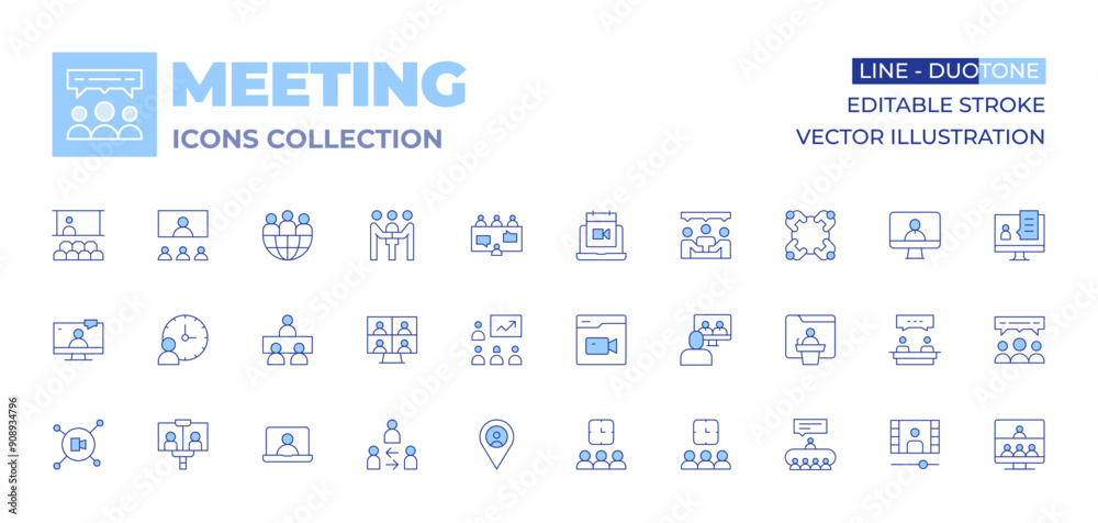 Meeting icons collection. Line Duotone style, editable stroke. videocall, virtual event, online conference, user, meeting, mediator, online interview, connection, time, presentation Meeting icons collection. Line Duotone style, editable stroke. videocall, virtual event, online conference, user, meeting, mediator, online interview, connection, time, presentation