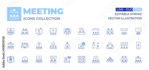 Meeting icons collection. Line Duotone style, editable stroke. meeting, online meeting, group, teamwork, idea, video call, hired, conference, chat, user, talk, disagree