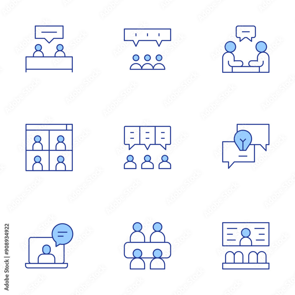 Meeting icons set. Line Duotone style, editable stroke. meeting, online meeting, brainstorming, discussion, conference room, interview, chat Meeting icons set. Line Duotone style, editable stroke. meeting, online meeting, brainstorming, discussion, conference room, interview, chat