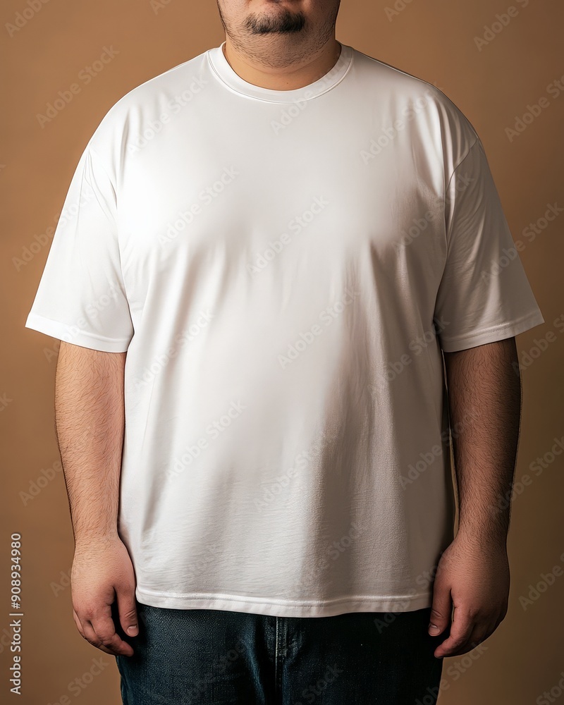 A confident model showcases a white XXL T-shirt in a stylish setting A confident model showcases a white XXL T-shirt in a stylish setting