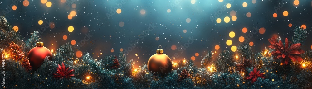 Fototapeta premium Festive holiday decorations with colorful ornaments, twinkling lights, and a warm glow, perfect for Christmas celebrations.