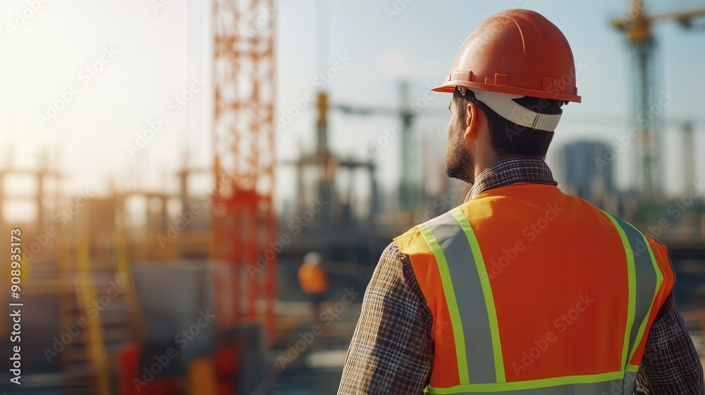 A construction worker in a reflective vest and hard hat surveys an active construction site with cranes in the background during sunset. A construction worker in a reflective vest and hard hat surveys an active construction site with cranes in the background during sunset.