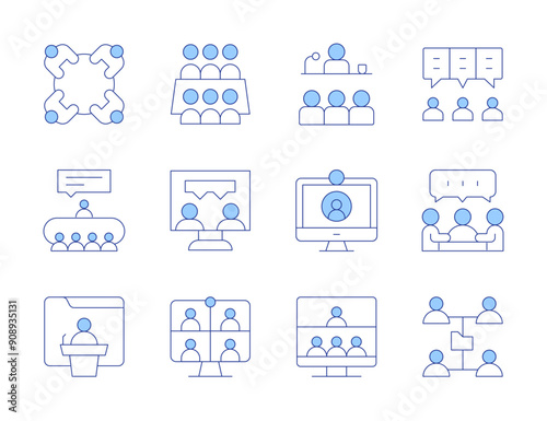 Meeting icons. Line Duotone style, editable stroke. conference, talk, meeting, video conference, online, chat, discuss, network, video call