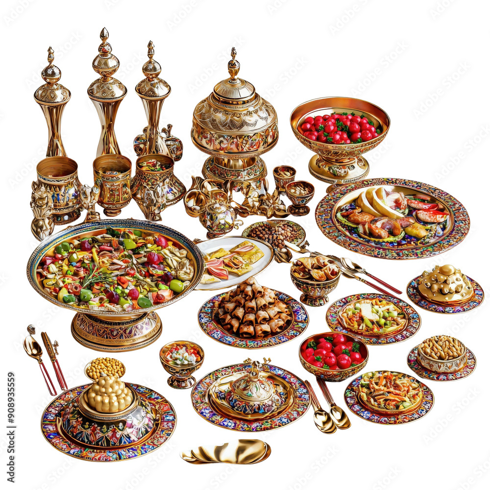A lavish assortment of traditional Middle Eastern dishes and ornate tableware, beautifully arranged for a festive occasion. A lavish assortment of traditional Middle Eastern dishes and ornate tableware, beautifully arranged for a festive occasion.