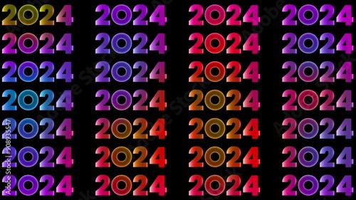 Multiple colorful repeating numerals 2024 on a black background. Perfect for futuristic designs or New Years concepts.