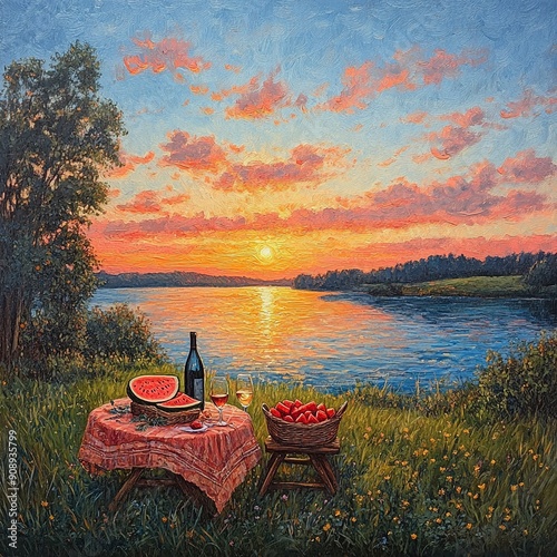 A romantic picnic for two, with watermelon cubes and a bottle of wine, set by a lakeside during sunset, Realism, Oil Painting photo