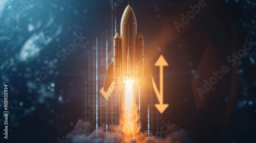 Explosive startup launch banner template with dynamic graphics of rocket ships and upward arrows